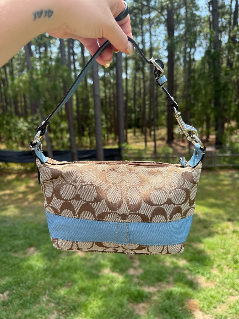 Coach Signature Canvas Small Shoulder Bag in Brown with Light Blue Accent - Picture 3 of 7